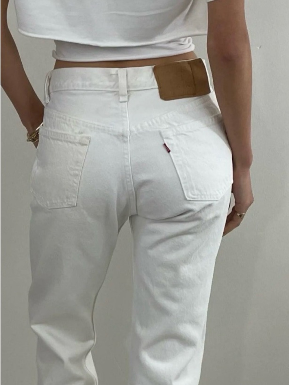 Levi's White Boyfriend Jeans with Tan Waist Patch